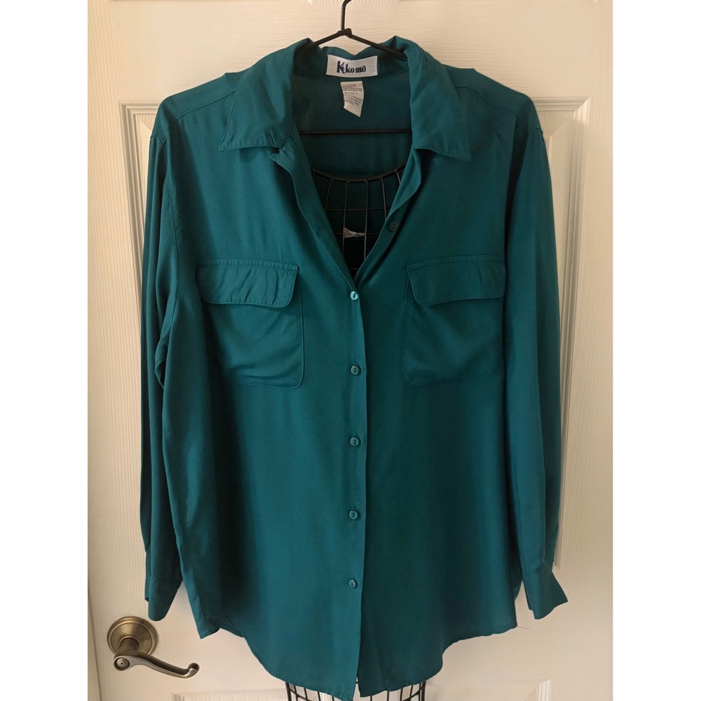 Vintage Kikomo 100% Rayon Blouse Teal Button Front Pocket Shirt Womens Large EUC